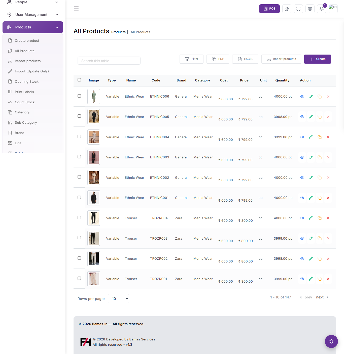 Bamas Inventory Management module showing products, stock quantities, prices, categories and product management tools